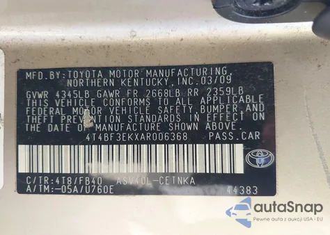 2010 Toyota Camry Le z USA, uszkodzony, nr VIN 4T4BF3EKXAR006368